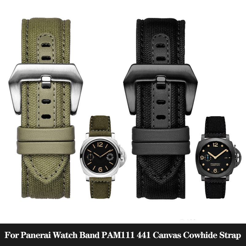Diesel Watches Smartwatch - สายนาฬิกาไนลอนผ้าใบด้านล่างหนังวัวสำหรับ Panerai panahai สายนาฬิกา PAM441 PAM111ดีเซลผู้ชาย22มม.