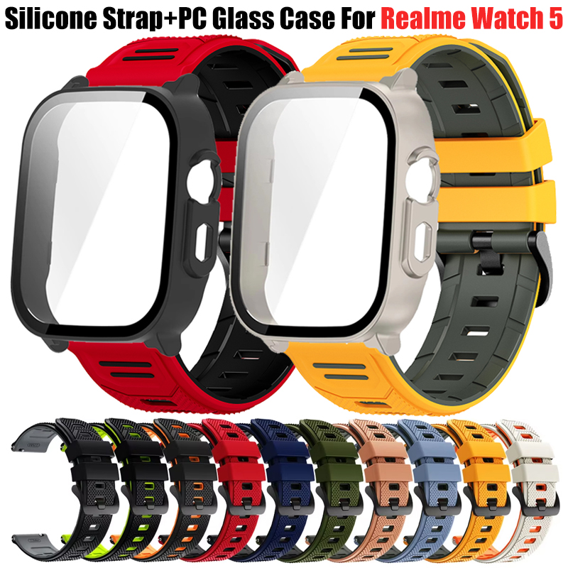 Watch S Realme - สายรัดซิลิโคนระบายอากาศได้ + เคสกระจกพีซีสำหรับเรียลมี วอทช์ 5 สปอร์ต